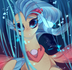 Size: 4300x4151 | Tagged: safe, artist:kefirro7, imported from derpibooru, princess skystar, seapony (g4), my little pony: the movie, absurd resolution, blue eyes, blue mane, bubble, bust, digital art, eyelashes, female, fin wings, fins, floppy ears, flower, flower in hair, flowing mane, freckles, jewelry, looking at you, necklace, ocean, pearl necklace, seaquestria, signature, smiling, smiling at you, solo, spread wings, swimming, underwater, water, wings