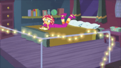 Size: 600x338 | Tagged: safe, imported from derpibooru, screencap, sunset shimmer, equestria girls, equestria girls series, forgotten friendship, animated, bed, book, clothes, cute, female, gif, legs, moving, pajamas, shimmerbetes, sunset, sunset's apartment, the pose, writing