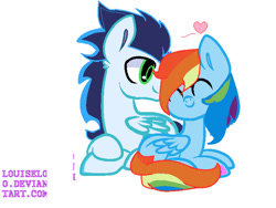 Size: 690x518 | Tagged: safe, artist:magicangelstarartist, imported from derpibooru, rainbow dash, soarin', pegasus, pony, eyes closed, female, heart, lying down, male, mare, shipping, simple background, soarindash, stallion, straight, white background
