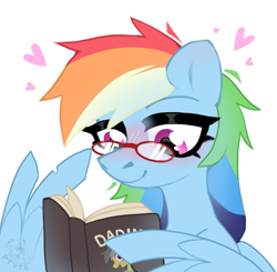 Size: 941x924 | Tagged: safe, artist:rtootb, imported from derpibooru, daring do, rainbow dash, pegasus, pony, blushing, book, bust, colored wings, cute, daring do book, digital art, ears up, egghead dash, female, g4, glasses, heart, looking down, mare, no shading, pink eyes, portrait, reading, reading glasses, reading rainbow, simple background, smiling, solo, white background, wing hands, wings