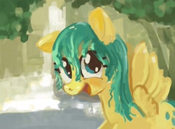 Size: 2691x1993 | Tagged: safe, artist:mandumustbasukanemen, imported from derpibooru, sunshower raindrops, pegasus, pony, dripping, female, looking at you, mare, open mouth, painterly, rain, smiling, smiling at you, solo, water, wet, wet mane