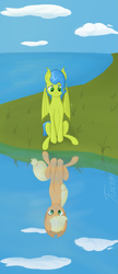 Size: 1171x2700 | Tagged: safe, artist:finirim, imported from derpibooru, applejack, oc, oc:selestina, bat pony, earth pony, pony, cloud, commission, female, mare, reflection, sitting, sky, water, wings