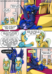 Size: 2171x3070 | Tagged: safe, artist:mysticalpha, imported from derpibooru, princess luna, alicorn, earth pony, pegasus, pony, unicorn, comic:day in the lives of the royal sisters, armor, dialogue, majestic as fuck, royal guard, sleeping, speech bubble, throne
