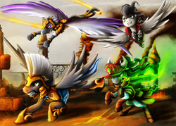 Size: 1500x1074 | Tagged: safe, artist:jamescorck, imported from derpibooru, oc, oc only, oc:cloud zapper, griffon, pegasus, pony, flying, magic, sword, weapon