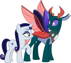 Size: 3488x3098 | Tagged: safe, artist:cloudy glow, artist:frownfactory, edit, imported from derpibooru, vector edit, moonlight raven, pharynx, changedling, changeling, pony, unicorn, to change a changeling, .svg available, antlers, crack shipping, duo, duo male and female, female, green coat, high res, horn, male, mare, prince pharynx, purple eyes, raised hoof, ravenpharynx, red wings, shipping, simple background, straight, svg, transparent background, transparent wings, vector, wings