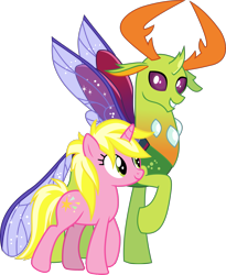 Size: 2403x2927 | Tagged: safe, artist:cloudy glow, artist:lightningbolt, derpibooru exclusive, edit, imported from derpibooru, vector edit, sunshine smiles, thorax, changedling, changeling, pony, unicorn, canterlot boutique, .ai available, .svg available, crack shipping, curved horn, duo, duo male and female, female, grin, happy, high res, horn, horns, insect wings, king thorax, looking at you, male, mare, raised hoof, shipping, show accurate, simple background, smiling, spread wings, standing, straight, sunshinerax, svg, transparent background, vector, wings
