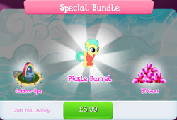 Size: 1267x861 | Tagged: safe, imported from derpibooru, pickle barrel, pegasus, pony, bundle, bush, clothes, colt, costs real money, english, foal, gameloft, gem, hoodie, male, mobile game, mud, my little pony: magic princess, numbers, official, sale, solo, text, wings