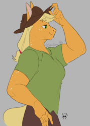 Size: 566x790 | Tagged: safe, artist:superduperath, imported from derpibooru, applejack, anthro, earth pony, applejacked, eyebrows, eyebrows visible through hair, female, lidded eyes, muscles, muscular female, smiling, solo