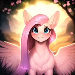 Size: 2560x2560 | Tagged: safe, imported from derpibooru, fluttershy, pegasus, pony, ai content, ai generated, blurry background, blushing, chest fluff, cute, ear fluff, female, fluffy, forest, generator:novelai, generator:stable diffusion, grass, high res, looking at you, mare, outdoors, prompter:endless--, shyabetes, smiling, smiling at you, solo, spread wings, tree, wings