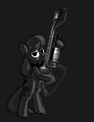 Size: 2550x3300 | Tagged: safe, artist:latexia, edit, editor:anonymous, imported from derpibooru, octavia melody, earth pony, pony, /mlp/ latex requests, bipedal, bondage, bow, bowtie, dark, encasement, flamethrower, gray background, grayscale, hood, hoof hold, latex, latex suit, lidded eyes, monochrome, png, pyro, shitposting, simple background, solo, team fortress 2, weapon