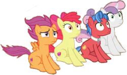 Size: 388x231 | Tagged: safe, artist:pascalmulokozi2, edit, edited screencap, imported from derpibooru, screencap, apple bloom, biscuit, scootaloo, sweetie belle, earth pony, pegasus, pony, unicorn, growing up is hard to do, background removed, cutie mark crusaders, female, male, mare, not a vector, older, older apple bloom, older cmc, older scootaloo, older sweetie belle, simple background, stallion, transparent background