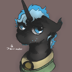 Size: 5000x5000 | Tagged: safe, artist:hrabiadeblacksky, imported from derpibooru, oc, oc only, oc:hrabia de black sky, pony, unicorn, beard, black fur, blue eyes, clothes, facial hair, freckles, grammar error, head, male, necktie, shirt, solo, stallion, sweater, text