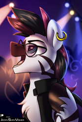 Size: 2000x3000 | Tagged: safe, artist:jedayskayvoker, imported from derpibooru, oc, oc:rebell yell, bust, chest fluff, clothes, colored sketch, commission, ear piercing, eyebrows, glasses, icon, male, piercing, portrait, punk, sketch, solo, stallion