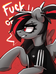 Size: 1620x2160 | Tagged: safe, artist:rtootb, imported from derpibooru, oc, oc only, oc:era, pegasus, pony, adidas, angry, clothes, digital art, ear piercing, ears up, eyebrow piercing, female, gray fur, gritted teeth, hooves, looking at someone, mare, pegasus oc, piercing, ponytail, red background, red eyes, rude, shirt, simple background, solo, t-shirt, teeth, text, vulgar