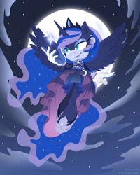 Size: 799x1000 | Tagged: safe, artist:kanayanga, imported from derpibooru, princess luna, alicorn, anthro, ear piercing, earring, flying, jewelry, moon, night, piercing, sonic the hedgehog (series), sonicified, spread wings, wings