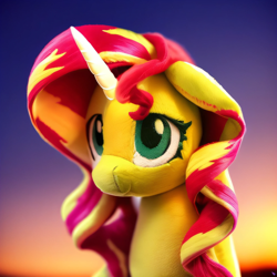 Size: 2048x2048 | Tagged: safe, imported from derpibooru, sunset shimmer, pony, unicorn, ai content, ai generated, bust, female, generator:purplesmart.ai, generator:stable diffusion, mare, plushie, solo, sunset