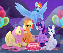 Size: 3000x2528 | Tagged: safe, alternate version, artist:dreamyrat, imported from derpibooru, applejack, fluttershy, rainbow dash, rarity, twilight sparkle, earth pony, pegasus, pony, unicorn, balloon, cake, evening, female, fireworks, food, hat, horn, implied pinkie pie, looking at someone, mare, mountain, open mouth, open smile, party, picnic, picnic blanket, pie, shy, smiling, spread wings, stars, unicorn twilight, wings