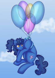 Size: 2894x4093 | Tagged: safe, artist:jjs, imported from derpibooru, oc, oc:nighttime wishes, unicorn, balloon, female, flying, frazzled hair, mare, scared