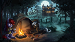 Size: 4672x2628 | Tagged: safe, artist:helmie-art, imported from derpibooru, oc, oc only, bat pony, pegasus, pony, bat pony oc, book, camera, campfire, commission, duo, fence, flashlight (object), forest, gravestone, graveyard, house, mansion, mist, moon, night, pegasus oc, radio, tent, thermos