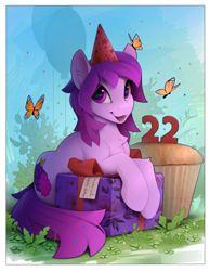 Size: 1910x2465 | Tagged: safe, artist:yakovlev-vad, imported from derpibooru, oc, oc only, oc:share dast, butterfly, earth pony, pony, balloon, chest fluff, hat, looking right, party hat, present, solo