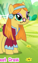 Size: 424x696 | Tagged: safe, idw, imported from derpibooru, wheat grass, earth pony, pony, clothes, cropped, ear piercing, earring, english, female, gameloft, glasses, headband, hippie, horses doing horse things, idw showified, implied marijuana, jewelry, mare, meme, mobile game, my little pony: magic princess, piercing, solo, text, wow! glimmer