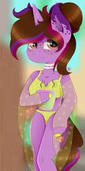Size: 800x1600 | Tagged: safe, artist:kathepart, imported from derpibooru, oc, oc:kathepaint, semi-anthro, unicorn, bikini, brown eyes, clothes, collar, female, freckles, solo, stain, swimsuit, tail