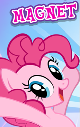 Size: 373x590 | Tagged: safe, imported from derpibooru, pinkie pie, earth pony, pony, cropped, cute, diapinkes, english, female, gameloft, looking at you, magnet, mare, meme, open mouth, open smile, smiling, solo, text, wow! glimmer