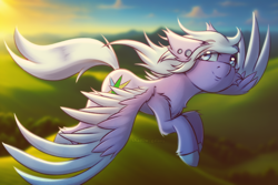 Size: 3000x2000 | Tagged: safe, artist:shad0w-galaxy, imported from derpibooru, oc, oc only, oc:feather spread, pegasus, pony, chest fluff, ear fluff, flying, high res, hooves, male, patreon, patreon reward, smiling, solo, stallion, sunset, unshorn fetlocks