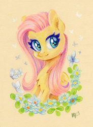 Size: 880x1200 | Tagged: safe, artist:maytee, imported from derpibooru, fluttershy, butterfly, pegasus, pony, bust, chest fluff, colored pencil drawing, flower, portrait, solo, traditional art