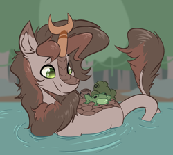 Size: 2552x2280 | Tagged: safe, artist:witchtaunter, imported from derpibooru, oc, oc:polder everglade, frog, kirin, toad, beard, chest fluff, cute, ear fluff, facial hair, kirin oc, male, ripple, smiling, solo, swamp, swimming, water