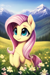 Size: 512x768 | Tagged: safe, imported from derpibooru, fluttershy, pegasus, ai content, ai generated, alps, blue sky, cute, female, flower, forest, generator:novelai, generator:stable diffusion, grass, grass field, happy, mountain, nai diffusion furry beta v1.3, prompter:emilia starsong, scenery, shyabetes, solo