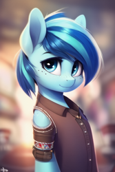 Size: 512x768 | Tagged: safe, imported from derpibooru, oc, oc:ojomo nea, pony, semi-anthro, ai content, ai generated, blue eyes, blue fur, blue hair, blurry background, clothes, female, freckles, generator:novelai, generator:stable diffusion, nai diffusion furry beta v1.3, prompter:emilia starsong, short hair, solo