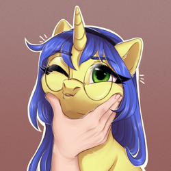 Size: 3000x3000 | Tagged: safe, artist:nika-rain, imported from derpibooru, oc, oc only, oc:logical leap, pegasus, pony, commission, cute, cutie, female, glasses, hand, simple background, solo, squishy cheeks, ych sketch, your character here
