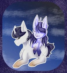 Size: 2252x2452 | Tagged: safe, artist:moondrawzlv, imported from derpibooru, pony, unicorn, :p, asian, crossover, curved horn, duo, ear fluff, eyes closed, female, horn, japanese, kagami tsurugi, lesbian, lying down, mare, marinette dupain-cheng, markings, miraculous ladybug, non-mlp shipping, ponified, prone, tongue out, unshorn fetlocks