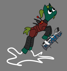 Size: 2025x2160 | Tagged: safe, artist:mrbrain, imported from derpibooru, oc, oc only, pony, unicorn, armor, armored pony, crossover, deep rock galactic, engineer, gray background, green coat, green mane, green tail, grenade launcher, jumping, simple background, tail, weapon