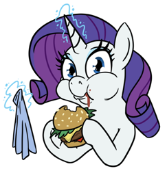 Size: 508x523 | Tagged: safe, artist:jargon scott, imported from derpibooru, rarity, pony, unicorn, burger, cheeseburger, eating, female, food, glowing, glowing horn, hamburger, hoof hold, horn, ketchup vein, levitation, looking at you, magic, mare, meat, napkin, ponies eating meat, puffy cheeks, simple background, solo, telekinesis, vein bulge, white background