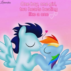 Size: 1400x1400 | Tagged: safe, artist:mlplary6, imported from derpibooru, rainbow dash, soarin', pegasus, pony, eyes closed, female, holding hooves, kiss on the lips, kissing, love, male, mare, romantic, shipping, soarindash, stallion, straight, text