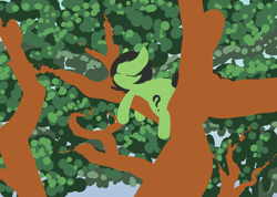Size: 1940x1380 | Tagged: safe, artist:happy harvey, imported from derpibooru, oc, oc only, oc:filly anon, earth pony, pony, drawn on phone, earth pony oc, eyes closed, female, filly, foal, in a tree, leaves, minimalist, sleeping, tree