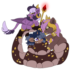 Size: 6120x5892 | Tagged: safe, artist:crazysketch101, imported from derpibooru, oc, oc only, oc:skylar amaranth, oc:velveteen duality, oc:vipera aspis, lamia, original species, pegasus, pony, snake, snake pony, unicorn, coils, crown, ear piercing, earring, glasses, group, jewelry, leonine tail, piercing, regalia, simple background, staff, tail, transparent background