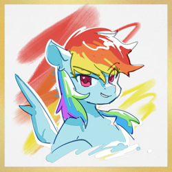 Size: 960x960 | Tagged: safe, artist:lendftcn, imported from derpibooru, rainbow dash, pegasus, pony, eyebrows, eyebrows visible through hair, faic, female, grin, looking at you, mare, simple background, smiling, smiling at you, smug, smugdash, solo, spread wings, white background, wings