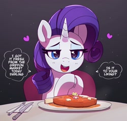 Size: 1200x1146 | Tagged: safe, artist:pabbley, imported from derpibooru, rarity, pony, unicorn, cute, date, dialogue, female, food, fork, heart, implied human, knife, looking at you, meat, offscreen character, open mouth, open smile, plate, ponies eating meat, pov, smiling, smiling at you, solo, speech bubble, steak, text