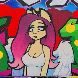 Size: 967x967 | Tagged: safe, artist:katputze, imported from derpibooru, oc, oc only, oc:crimson sunset, anthro, unicorn, angelic wings, breasts, busty oc, cleavage, female, graffiti, mare, not fluttershy, solo, traditional art, wings