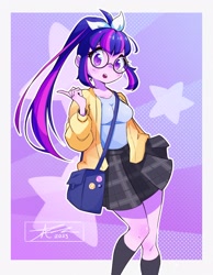 Size: 1593x2048 | Tagged: safe, artist:mindlessnik, imported from derpibooru, sci-twi, twilight sparkle, human, equestria girls, abstract background, adorkable, alternate hairstyle, breasts, busty twilight sparkle, clothes, cute, dork, female, glasses, looking at you, meganekko, open mouth, plaid skirt, ponytail, round glasses, signature, skirt, solo