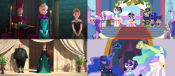 Size: 3840x1660 | Tagged: safe, edit, edited screencap, imported from derpibooru, screencap, applejack, princess cadance, princess celestia, princess luna, spike, twilight sparkle, alicorn, magical mystery cure, the last problem, 2013, 2019, anna (frozen), anniversary, big crown thingy, celebration, clothes, comparison, coronation, coronation dress, crown, disney, dress, element of magic, elsa, frozen (movie), frozen 2, jewelry, magical mystery cure tenth anniversary, princess, queen, regalia, second coronation dress, twilight sparkle (alicorn)