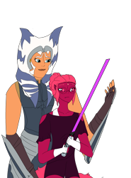 Size: 2252x3048 | Tagged: safe, artist:icicle-wicicle-1517, artist:moondrawzlv, color edit, edit, imported from derpibooru, oc, oc:venus red heart, alien, human, togruta, ahsoka tano, armor, blushing, bracer, clothes, collaboration, colored, crossover, crossover shipping, duo, elf ears, female, fingerless gloves, glasses, gloves, humanized, humanized oc, lesbian, lightsaber, robe, shipping, shorts, simple background, size difference, star wars, tail, tailed humanization, transparent background, weapon