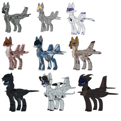 Size: 1500x1500 | Tagged: safe, artist:andromailus, oc, oc only, oc:agate, oc:gauss, oc:rosewell, oc:sightseer, oc:spirit of ice, oc:val, oc:wyvern, unnamed oc, original species, plane pony, pony, e-3 sentry, f-22 raptor, f-8 crusader, female, kc-135, male, plane, simple background, sr-71 blackbird, su-37, u-2, white background, xb-70 valkyrie