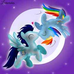 Size: 1400x1400 | Tagged: safe, artist:mlplary6, imported from derpibooru, rainbow dash, soarin', pegasus, pony, ^^, duo, eyes closed, female, flying, heart, kiss on the lips, kissing, male, mare, moon, moonlight, night, romantic, shipping, sky, soarindash, stallion, straight, upside down