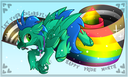 Size: 2500x1500 | Tagged: safe, artist:starcasteclipse, imported from derpibooru, oc, oc only, oc:sky splash, hippogriff, beak, beak hold, commission, flag, jewelry, looking back, necklace, pride flag, solo, talons, text, wings, ych result