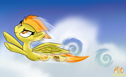 Size: 2500x1532 | Tagged: safe, artist:notadeliciouspotato, imported from derpibooru, spitfire, pegasus, pony, bandage, cloud, contrail, female, flying, mare, sky, smiling, solo