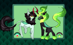 Size: 3181x1964 | Tagged: safe, artist:minty--fresh, imported from derpibooru, oc, kirin, nirik, angry, chest fluff, fetlock tuft, fluffy, horn, kirin oc, lipstick, male, red horn, reference sheet, yellow eyes